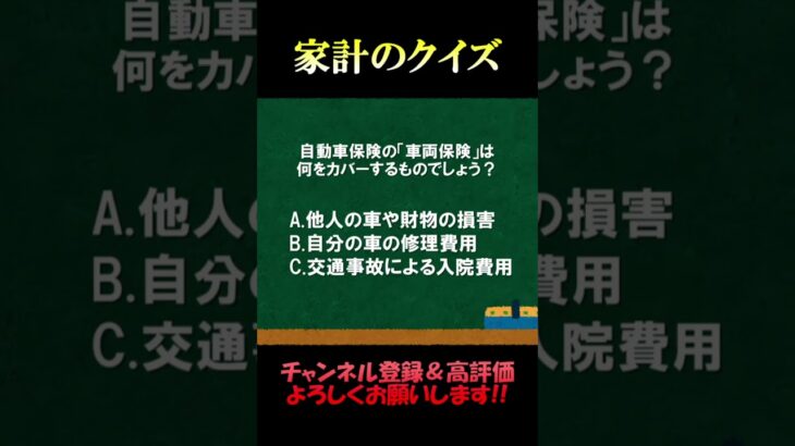 家計の相談室クイズ184「車両保険」#損害保険 #自動車保険 #車両保険 #保険 #fp2級 #家計の見直し #クイズ