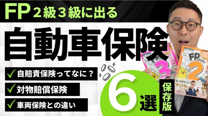 【FP３級：覚えるべき自動車保険６選】自賠責保険、対人賠償責任保険、対物賠償責任保険、自損事故保険、人身傷害補償保険、車両保険、それぞれの違いについて初心者向けに解説。