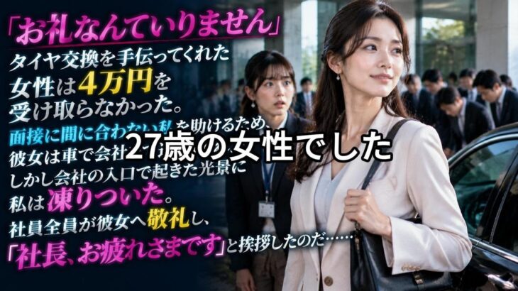 「お礼なんていりません」タイヤ交換を手伝ってくれた女性は4万円を受け取らなかった。面接に間に合わない私を助けるため、彼女は車で会社まで送ってくれた。しかし会社の入口で起きた光景に私は凍りついた。社員全