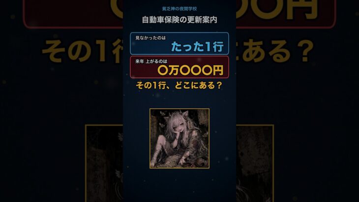 来年〇万〇〇〇円上がる自動車保険。更新案内で、毎年見なかったのはたった1行だった男の話【貧乏神の夜間学校】