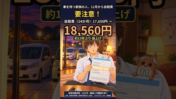 車を持つ家族の人、11月から自賠責 要注意｜車検のたび＋910円【普通車・24か月】約13年ぶりの値上げ #自賠責 #車検 #Shorts